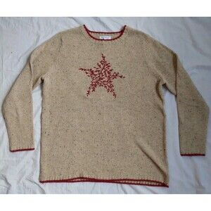 NorthStyle Embroidered Sweater Crewneck Oatmeal Red Berry Star Cottagecore Sz L